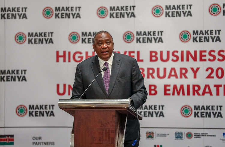 President Uhuru Kenyatta speaking at the opening of the Kenya-Gulf Cooperation Council (GCC) states business forum in Dubai on Tuesday, February 15.
