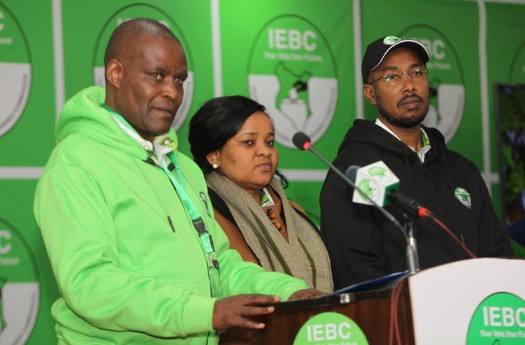 From left: IEBC Commissioner Francis Wanderi, Vice Chair Julian Cherera, and CEO Marjan Hussein at Bomas of Kenya.