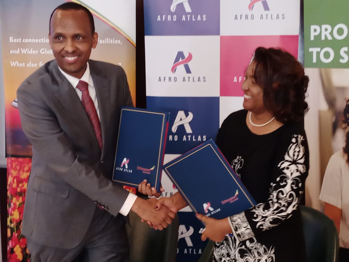 Ethiopian airlines area manager Kenya, Seble Azene (right) and AfroAtlas CEO, Ahmed Ugas during the signing of the partnership.
