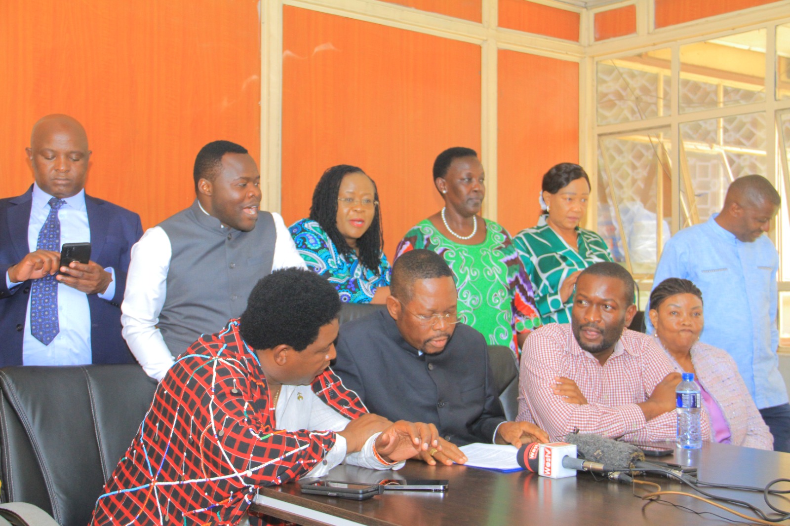 Senate Opposition Leaders led by Minority Whip, Sen.Ledama Olekina, Minority Leader, Stewart Madzayo and Deputy Minority Whip and Nairobi Sen. Edwin Sifuna addressing the media in Parliament buildings.