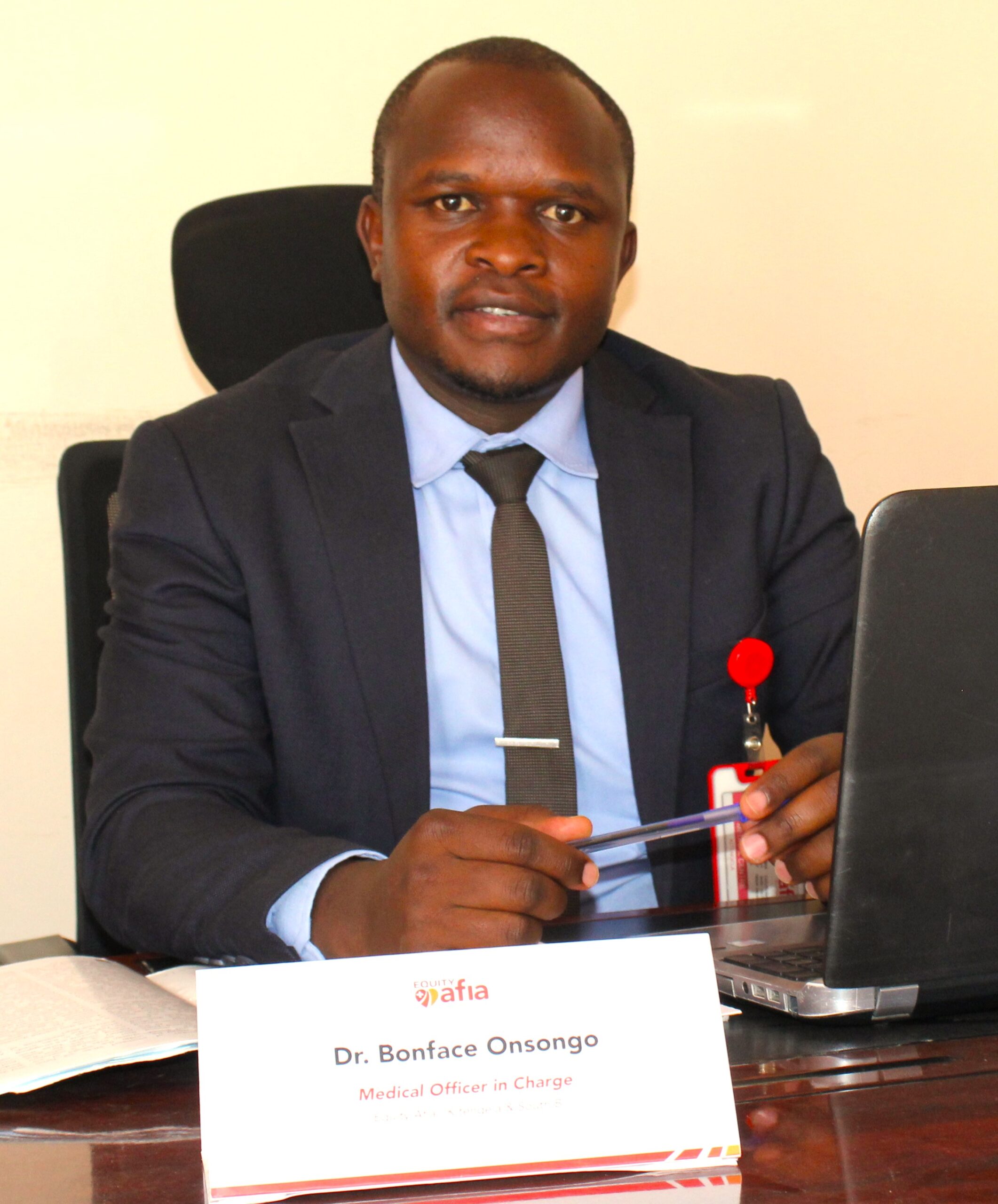 Dr. Boniface Onsongo in his office at Kitengala, Equty Afia