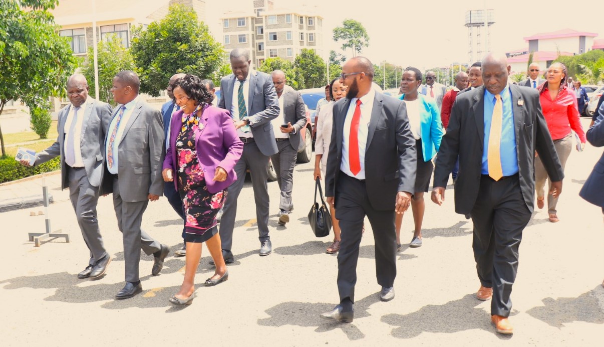 Dr. Robert Pukose, Endebess MP and Chair of the National Assembly Committee on Health, Prof. Olive Mugenda, Board Chairman of the Kenyatta University Teaching, Referral & Research Hospital, and Ahmed Dagane, the Chief Executive Officer, are pictured during the committee's visit to the institution.